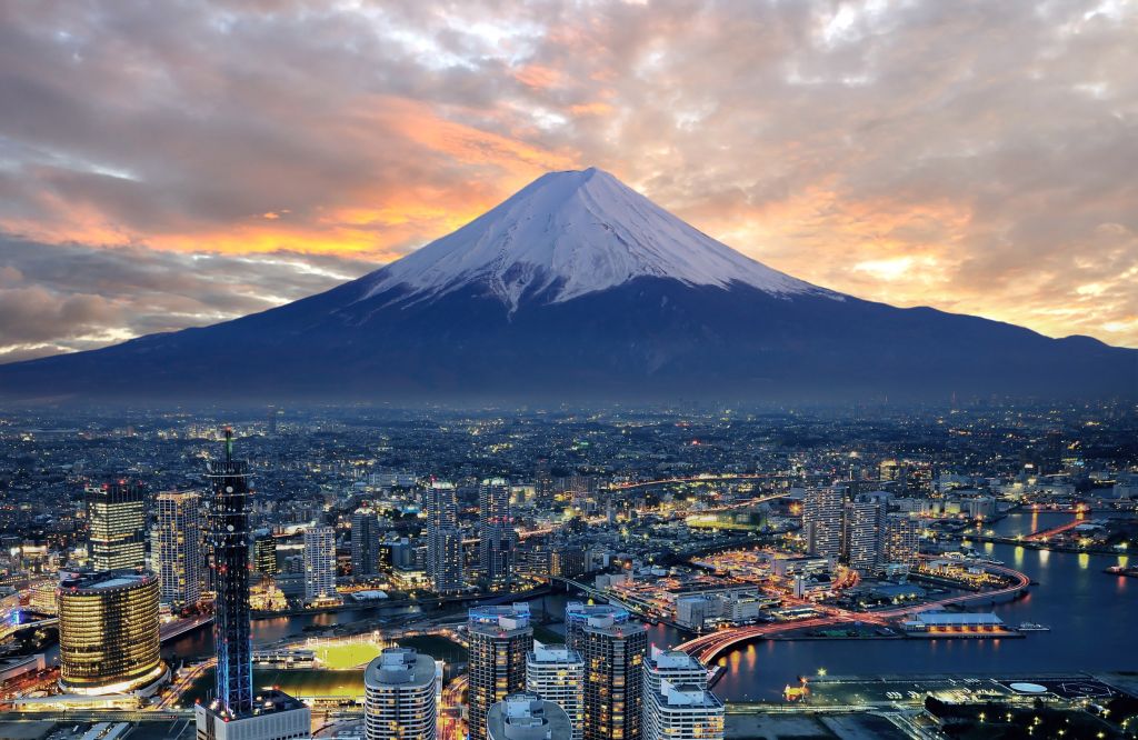 surreal view of Yokohama and Mt. Fuji